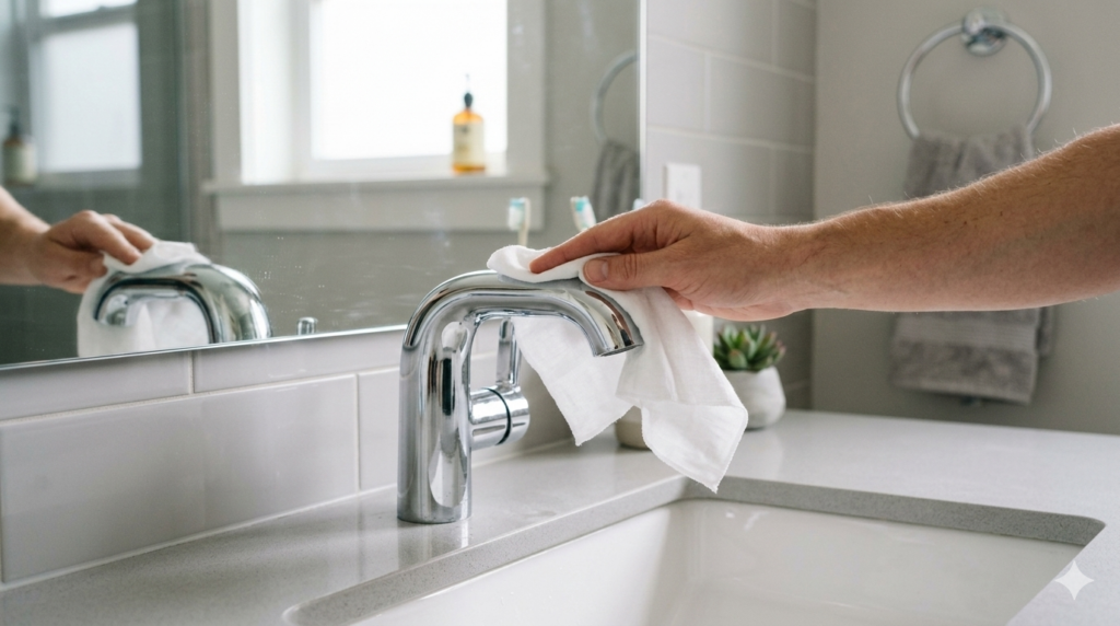 수전 물때 생기는 이유 욕실 수전 닦는 모습