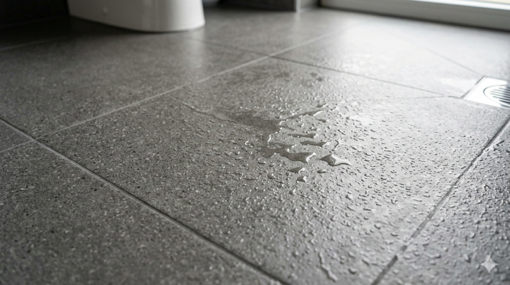 물기가 남아있는 욕실 타일. 그레이 컬러의 무광 타일