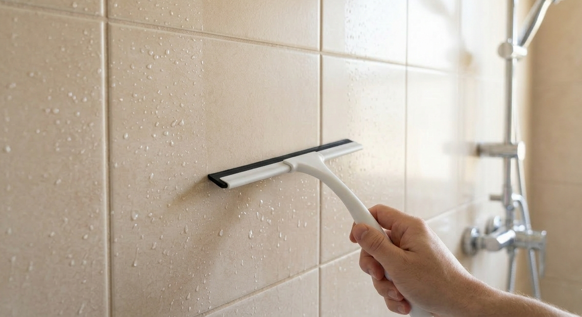 분홍색 물때 예방. 스퀴지 사용